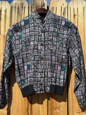 PRICE FIRM 80s 90s Grey Abstract Print Button Down Blouse Jacket | Size S/M
